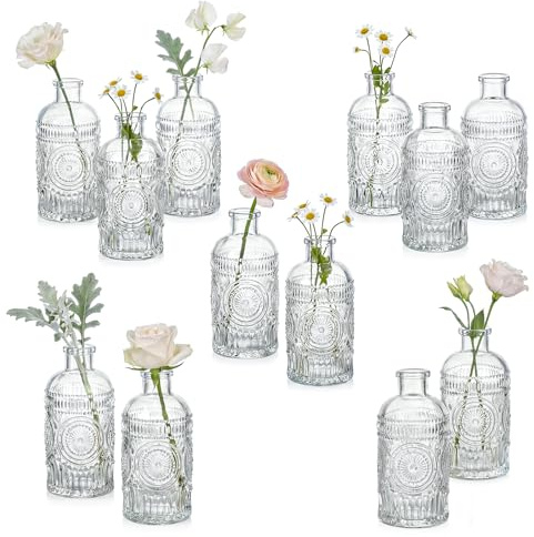 Kingrol 12 Pack Mini Glass Bud Vases, Small Clear Flower Vases for Single Stems, 4.9 Inch Vintage Embossed Bottles for Home Shelf, Bathroom & Desk Decor