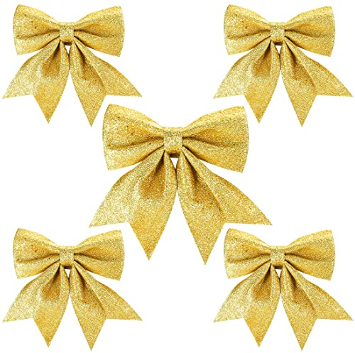 Aurasky Schleifen Weihnachten Gold, 5 Stück Weihnachtsbaum Schleifen Gold, Weihnachtsschleifen Grosse, Christmas Glitter Bows, Geschenk Weihnachtsdeko Schleifes 24&18cm