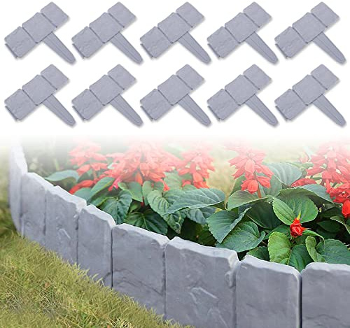 TRMLBE Bordo per prato, 20 pezzi, 5 m, in plastica, effetto pietra, per giardino, in polipropilene, con collegamento rapido, per aiuole, per decorazioni da giardino, grigio