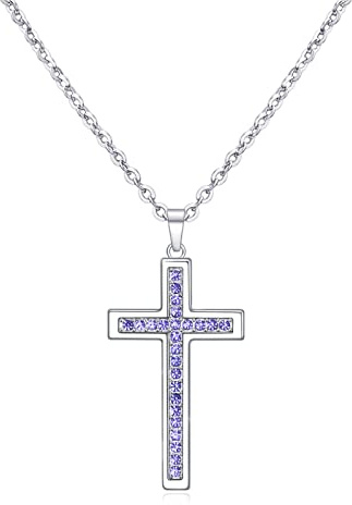 Dixbix Baptism Cross Necklace for Women,First Communion Cross Necklaces Jewelry Gifts for Women (Birthstone 12-December-TZ Purple)