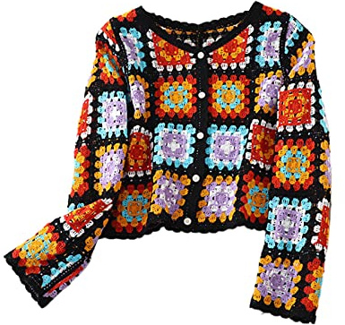Suéter de Ganchillo Y2k para Mujer Chaqueta de Ganchillo Vintage Colourful Cardigan Chaqueta de Manga Larga con Cuello en V y Botones Delanteros Verano Boho Chaqueta de Punto Playa Cubrebikini
