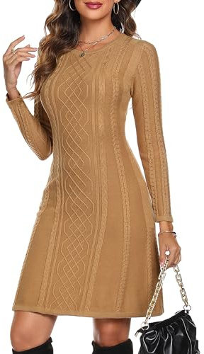 Aottori Robe Pull Femme Hiver Décontractée Tricotée Robe Pull Elegant Col Rond A Ligne Robes Casual Manches Longues Mini Robe Pull pour Fête Loisirs Cocktail Robe Pull Chameau L