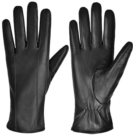 MGGMOKAY Guanti in Pelle di Pecora da donna Touchscreen con Foderato in Lana Guanti Invernali,Nero,S