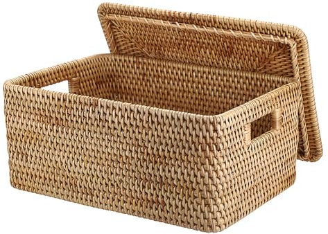 IGNPION Rattan Storage Basket With Lid, Wicker Decorative Storage Basket for Shelves Bathroom Woven Storage Box, Cupboard & Table Multipurpose Storage Bin for Kitchen, Living Room, Office (L)
