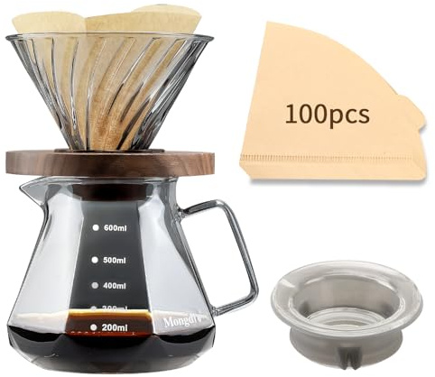 Mongdio Pour Over Coffee Maker, 20 oz High-Heat Borosilicate Glass Coffee Maker with 100pcs Paper Filters, Walnut Handle & Glass Lid, Drip Coffee Maker Set for Home Café Restaurant - 600ml, Gray