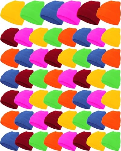 Jecery 48 Pack Kid Winter Beanies Bulk Cold Weather Child Knit Hat Cap for Outdoor School Boy Girl New Year Donations Gift(Bright Colors)