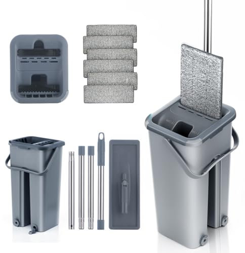 Mopa para Limpiar Azulejos y Paredes Mopa Fregona con Cubo Escurridor Fregona Autoescurrible Mopas de Limpieza Suelos Mop Bucket Set 6 Almohadillas Gamuza Trapeador Microfibra