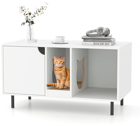 GYMAX Meuble Cache Litière pour Chat & Meuble Rangement 2-en-1, Planche à Gratter Amovible, Trous de Ventilation, Pieds en Métal, Entrée en Forme Tête de Chat, 100 X 52 X 55 CM, Blanc