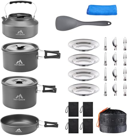 THTYBROS 27pcs Camping Cookware Mess Kit for 2-4 People, Portable Cookware Set with Kettle, Pots & Pans, Stainless Steel Utensils, Plates, Dishware for Backpacking, Picnic, Outdoor Adventures