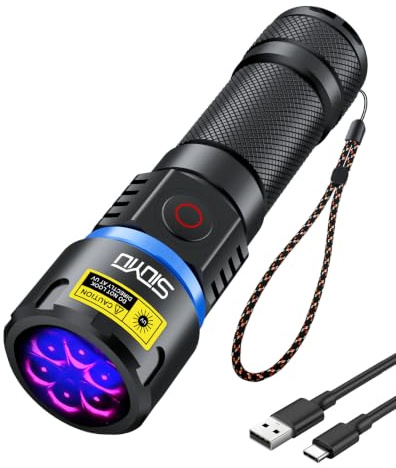 Siuyiu 60 W 365 nm UV-ficklampa svart ljus, höga och låga lägen, 6 LED-pärlor, 4 000 mW UV-ljusintensitet, USB-C-uppladdningsbart batteri, IP65 vattentät ficklampa med ZWB2 kvartsfilterlins