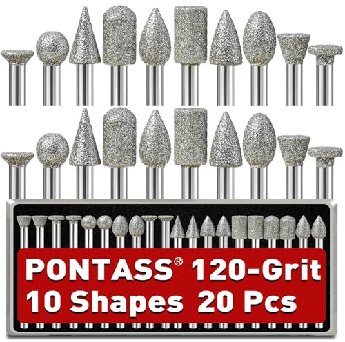 20 Pezzi Frese Diamantate Set, Grana 120 Punte Diamantate per Pietra, Set di Frese Diamantate per Intaglio con Gambo da 3mm per Utensili Rotanti per Vetro Ceramica, Lucidatura, Foratura, Incisione