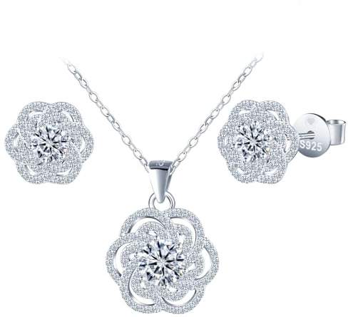 INFINIONLY Hänge halsband och diamantörhängen, kvinnors sexkronbladsblommor i 925 silver, 1 karat D klarhet moissanite färg VVS1 med GRA-certifikat, bröllopssmycken