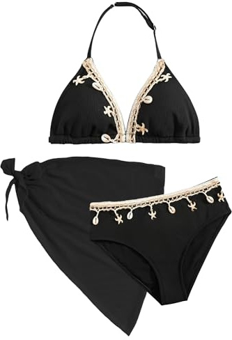 Maeau Maillot de Bain 3 Trois Pièces Ado Enfant Fille 11 Ans Bikini Maillots de Bain 2 Deux Pièces Costume de Plage Imprimé Couvert Jupe Ensemble de Natation Été Tenue Piscine Triangle Rembourré Noir