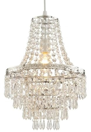 5-Tier Teardrop Crystal Beaded Chandelier Lamp Shade Pendant Light (Clear) | Crystal beaded pendant shade with polished metal frame for ceiling decor; no light cord kit or bulb included