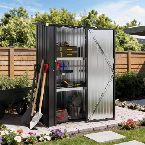 Aoxun 3'x2' Metal Storage Shed with Floor & 2 Adjustable Shelves, Small Lockable Tool Cabinet for Garden, Patio & Backyard Organization, Black