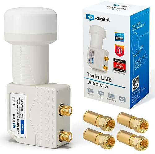 HB-DIGITAL Twin LNB LNC 2-abonnenter Direkt ✨ Full HD TV 3D 4K UHD Vit Vit Vit ■ Guldpläterade kontakter ■ Väderskydd (utdragbart) ■ Inklusive F-kontakt