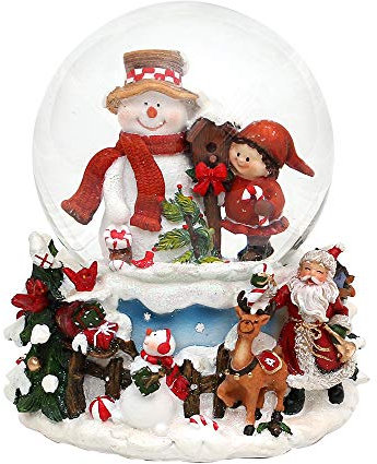 Dekohelden24 Palla di neve con pupazzo di neve con bambino su base finemente decorata, con meccanismo musicale, melodia: Natale bianco, dimensioni (L x P x A): 12,5 x 12 x 14,5 cm, diametro sfera 10