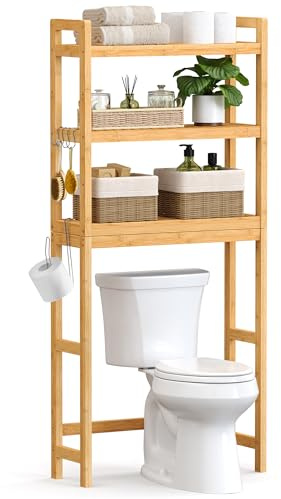 SONGMICS Over The Toilet Storage, 3-Tier Over Toilet Bathroom Organizer with Adjustable Shelf, 10.2 x 24.8 x 66.9 Inches, Space-Saving, Natural Beige UBTS001N01
