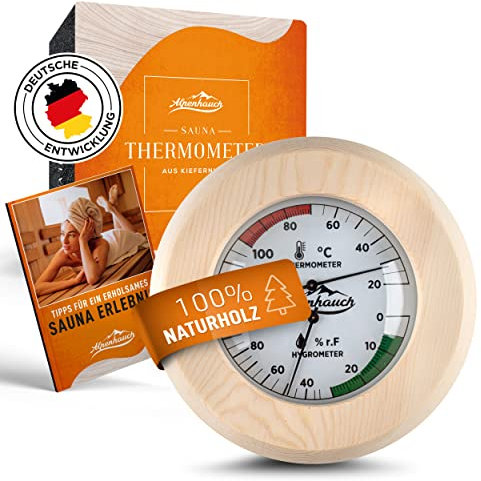 ALPENHAUCH Sauna Thermometer Hygrometer Holz [2in1 Funktion] - Besonders präzises Saunathermometer mit gehärtetem Glas - Automatische Kalibrierung - Edles Sauna Zubehör - Hygrometer Thermometer Sauna