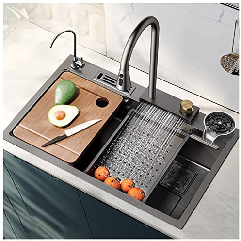 Einzelschale Küchenspüle 304 Edelstahl Schüssel Bar Waschbecken Mehrzweckspüle Mit Wasserhahn Ablaufarmatur Becherglasche Drop In Oder Unter Mount (Color : Gun Grey, S : 75x46x22cm)