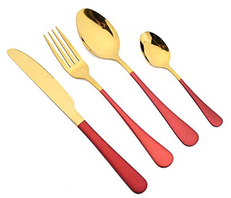 Servis 24 delar guld Silverbestick rostfritt stål rött handtag bestickset Serverar familjematsal för 6 middagsservering little surprise