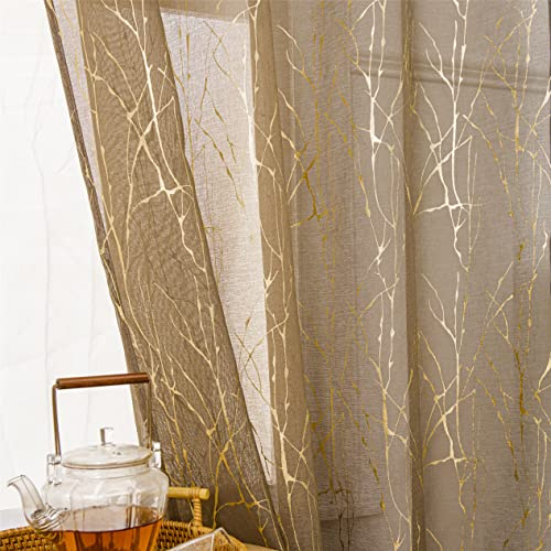 Deeprove Sheer Curtains 84 inch Length 2 Panels Set, Tree Branch Gold Foil Print Metallic for Bedroom Abstract Christmas Decor, Window Treatment Drapes Pair, Rod Pocket, W52 x L 84 Brown Taupe