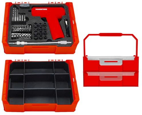 MANUFORE 55pcs 2-Layer 3.7V Household Electric Cordless Screwdriver Set with LED Light and Charging Cable, 2 Level Tool Box for Home, Car