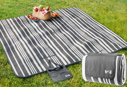 Trail Large Picnic Blanket, Soft Fleece Rug, Waterproof Backing, Foam Insulation, Fleecy Top, Parasol Slit, Peg Points, Cover with Strap, Portable Camping Garden Beach Mat (Grey / 2m x 2m)