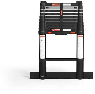 RMBO Échelle Télescopique 5m, Échelle Compacte et Portable, EN 131.6, Charge Maximale 150 kg, Barre de Stabilisation de 70 cm, avec Indicateurs par Marche pour la Sécurité, Longueur de 3.20 m