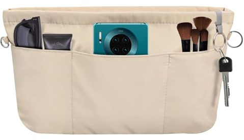 FINEASY Organisateur de Sac à Main en Nylon, Organisateur Sac a Main, Pochette Rangement Sac a Main, Multi Poches Petit Sac Organiseur, Léger Nylon Organiseur de Sac à Main avec Porte-Clés, Beige (S)