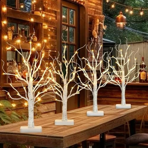 EAMBRITE Birch Tree with LED Lights for Christmas Decorations Indoor, Lighted Tabletop Tree with 24 LED White Twig Battery Operated Artificial Trees for Christmas Home Table Centerpiece Mantel 4pcs