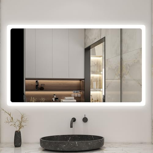 AICA Miroir Salle de Bain rectangulaire 140 x 80cm, Bluetooth + 3 Couleurs + dimmable + Horloge + Anti-buée + mémoire, Miroir Lumineux Mural