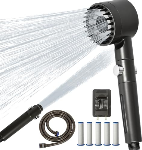 Torven Soffione Doccia Anticalcare & 5 Ricambi | Doccino Per Doccia Con Tubo 1,5M | Soffione Anticalcare | Risparmio Idrico con Pausa | soffione doccia con filtro | Grigio
