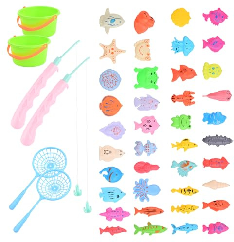 Gioco Pesca Magnetico 46 Pezzi, Pesciolini Magnetici Galleggianti con 2 Canne da Pesca e Retino, Gioco Educativo e Divertente per Bambini, Perfetto per Bagnetto, Piscina e Giochi all’Aperto