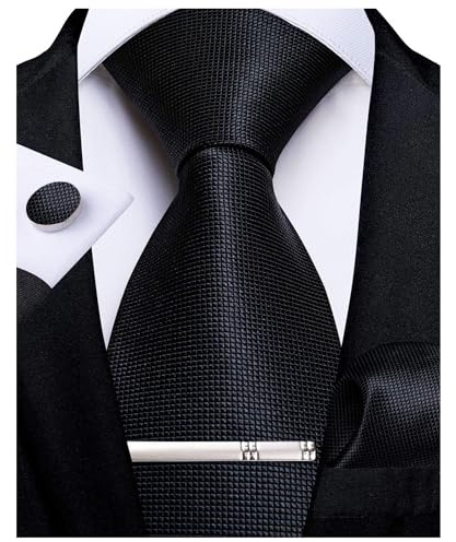 DiBanGu Mens Silk Tie Black Plain Necktie and Pocket Square Cufflinks Tie Clip Set Classic Formal Ties for Wedding Party