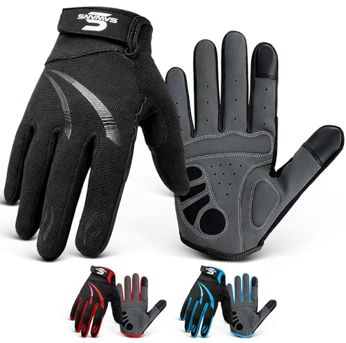 SAWANS Full Finger Cycling Gloves for Men & Women Mountain Bike Gloves Breathable Touchscreen Padded Anti-Slip Shock Absorbing MTB Riding, Road Racing, Bicycle BMX & Motorcycle (Black, S)