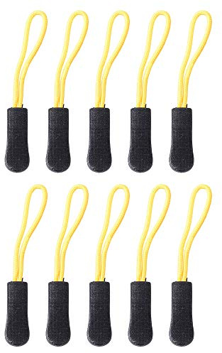 POFET - 10 tiradores de cremallera con cordón de extensión, deslizadores de cremallera para mochilas, bolsos, maletas, maletines, chaquetas, negro y amarillo