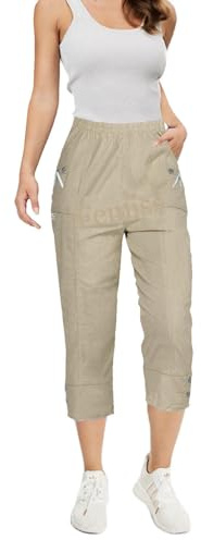 femiss Women Cropped Trousers | High Waist Elasticated Pull On Cropped 3/4 Pants | Soft Stretch Summer Casual Beach Travel Ladies Cotton Blend Office Wear| Available Sizes 10-26 | (Stone, 16)