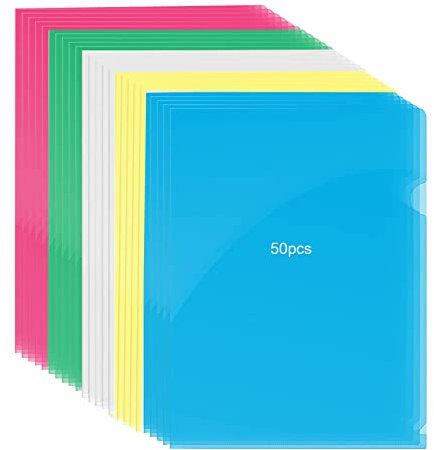 50 Stück Dokumenten-Mappen A4, 5 Farben Dateiordner Aktendeckel, Klarsichthüllen Seitlich Offen aus Kunststoff A4 Transparent Aktenhüllen für Datei Paper Cover, Arbeit, Bericht, Projekt, Präsentation