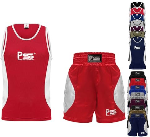 PSS Ultimate barn boxningsuniform set med 2 delar lätt vikt andningsbar och bekväm tygboxning studentuniform för åldrarna 3-14 år, Röd, 8 År