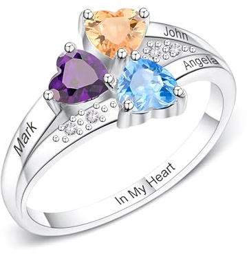 OTXIXTO Bagues Personnalisées de Pierre de Naissance Cœur 3 avec Gravure 3 Noms Bagues de Fiançailles pour Femme Bagues en Argent Sterling 925 pour Femme Petite Amie Épouse Mère Cadeaux (Taille 57)