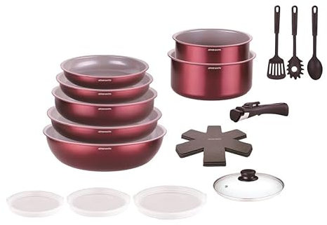 Arthur Martin - Batterie 18 pcs - 3 poêles 20-22-26 cm - 2 casseroles 16-18 cm - 1 sauteuse 24 cm - 1 wok 28 cm - 1 couvercle en verre 24 cm