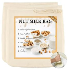 Nut Milk Bag,Muslin Bags,2PCS 12X12 Nut Milk Bags for Straining,Muslin Cloths for Straining,Yogurt Strainer,Cheese Cloths for Straining,Cheese Cloth,Straining Bag,Reusable Cheesecloth Bags,Nut Bag