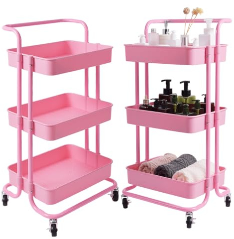 HOMASIS Carrello Portaoggetti a 3 Livelli con Ruote Universali, Carrellino Salvaspazio, Organizer con Maniglia per Cucina, Bagno, Capacità di Ogni Ripiano 20kg, 42 x 35 x 87cm (Rosa)