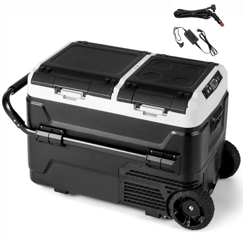 HOMFME 40L Car Fridge Freezer, Dual Zone Car Refrigerator Electric Cooler Box with Wheels and Handle, 12/24V Portable Compressor Fridge for Campervan RV Boat Travel, -20℃-20℃