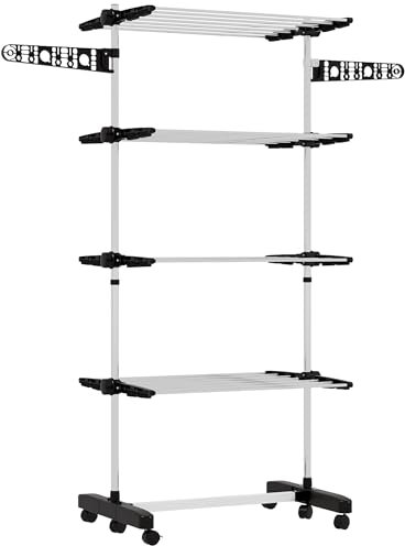 HOMCOM Wäscheständer Turm Standtrockner mit 4 Ebenen, klappbare Flügel, Rollen, Turmwäscheständer für Innen und Außen, 142 x 55 x 172 cm, Schwarz
