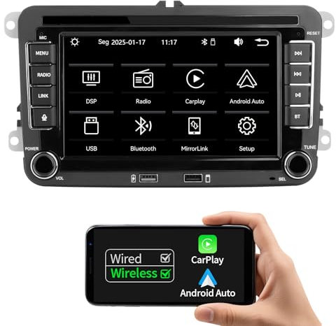 Autoradio für VW Golf R32/Plus/5/6, Passat, Polo T5, MK5,Skoda, Jetta,Unterstützung drahtlos/verkabelt Carplay und Android Auto, Radio Unterstützung AM/FM/RDS/USB, BT,7 Zoll HD Touchscreen Autoradio