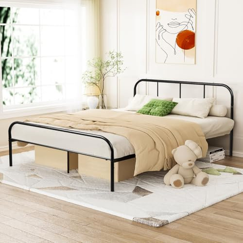buybyroom Double Bed Frame, 4ft 6 Black Metal Bed Frame with Headboard, Footboard, and Solid Slatted Base, 80cm Height, Underbed Storage Space, Fit for 140 x 190 cm Mattress