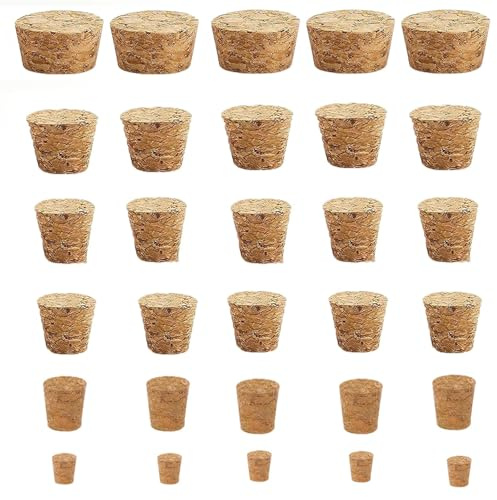 Corchos de Madera Suave Natural,30 Piezas Corchos para Botellas de Cónicos de Maderab 6 Tamaños Tapones de Corcho Botellas de Vino de Tapones de Corcho para Botella de Vino Y Cerveza