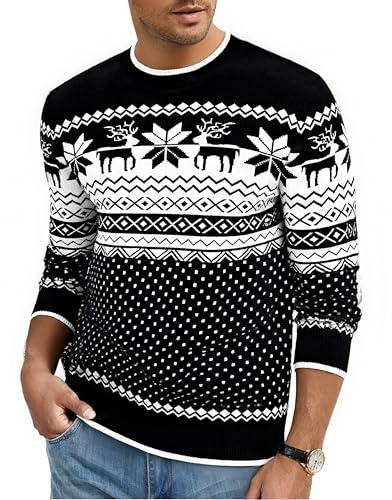 Jahetuul Jersey de Navidad para Hombre Reno y Copo de Nieve Suéter de Invierno Cuello Redondo Manga Larga para Fiesta Navideña